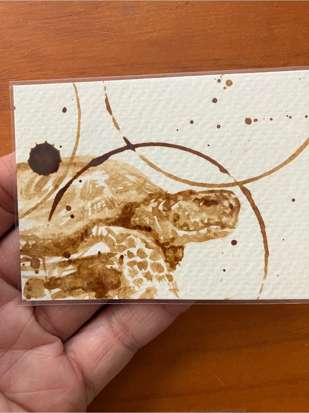 Aceo original coffee turtle painting atc reptile gift art collectible Artettina